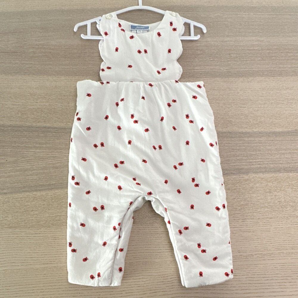 Jacadi Paris Baby Girls 6M White Sleeveless One-Piece overalls  red birds  Snap